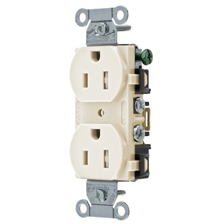 Hubbell Wiring Device-Kellems Straight Blade Receptacle, 5-15R, 15 A, 125V AC, 2 Pole, 3 Wire, Flush Mount, Grounded BR15LATR